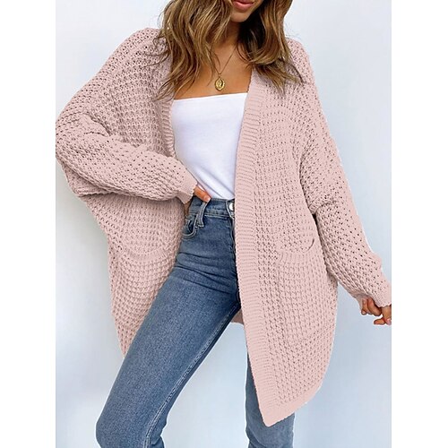 

Mulheres Sueter Cardigan Saltador Estriado Tricotar Bolsos Côr Sólida Abertura Frontal à moda Casual Ao ar livre Diário Verão Outono Preto Branco S M L