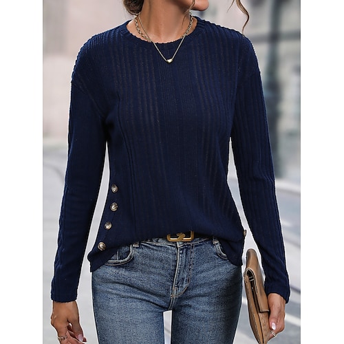 

Mujer Camiseta Azul Piscina Plano Botón Manga Larga Diario Fin de semana Básico Escote Redondo Ajuste regular Otoño invierno