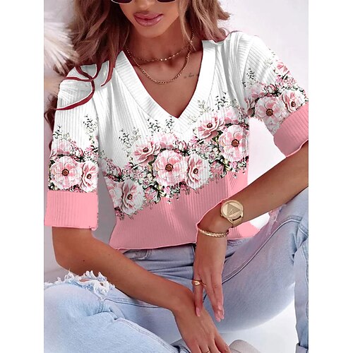 

Femme T shirt Tee Jaune Rose Claire Bleu Floral Imprimer manche longue du quotidien Fin de semaine basique Col V Standard Fleur Peinture Printemps Automne