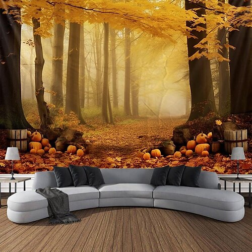 

Autumn Pumpkin Tapestry Hanging Autumn Maple Mist Forest Tapestry Natural Scenery Outside the Window Tapestry Living Room Bedroom Farm Holiday Party Decoration