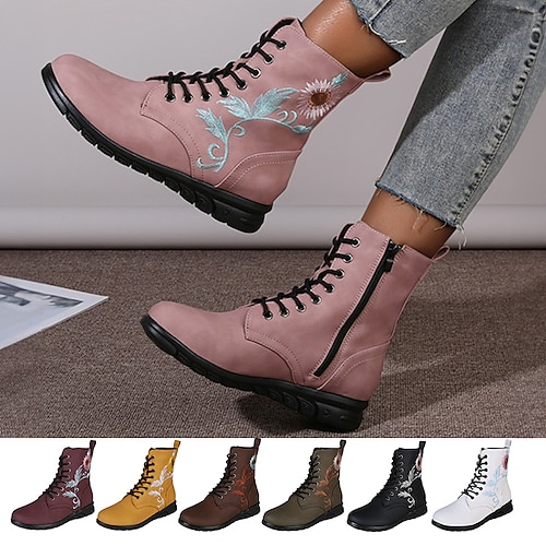 

Damen Stiefel Übergrössen Stiefeletten Outdoor Täglich Stiefeletten Stiefeletten Winter Stickerei Flacher Absatz Runde Zehe Vintage Elegant PU Schnürsenkel Blumen Dunkelbraun Weinrot Schwarz