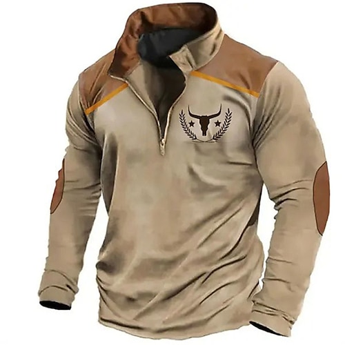 

Kuh Vintage Herren 3D Bedruckt Golfpolo Outdoor Casual Strassenmode Langarm Umlegekragen Zip Polo-Shirts Purpur Grün Khaki Herbst Winter S M L Revers-Polo