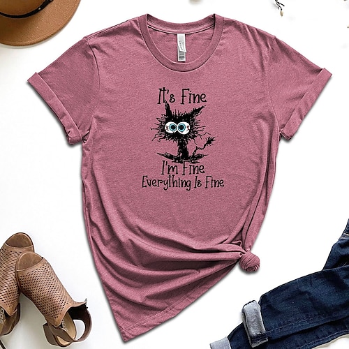 

Femme T shirt Tee Blanche Rouge Kaki Chat Lettre Imprimer Manche Courte du quotidien Fin de semaine basique Col Rond Normal Standard Chat Peinture