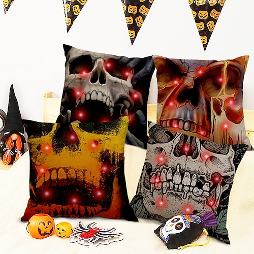 

Halloween Double Side Pillow Cover 4PC Soft Decorative Square Cushion Case Pillowcase for Bedroom Livingroom Sofa Couch Chair (with LED String Lights)