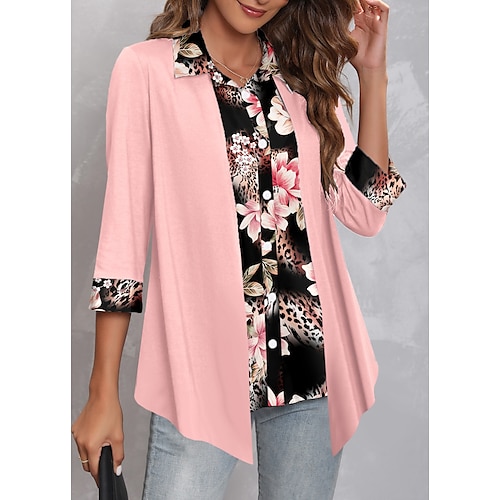 

Women's Shirt Blouse Pink Floral Button Print Long Sleeve Casual Holiday Basic Shirt Collar Regular Fit Floral Spring Fall