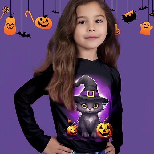 

Mädchen T-Shirt Langarm Karikatur Katze Kürbis 3D-Druck Aktiv Modisch Kuschelig Polyester Outdoor Halloween kinderkleidung Rundhalsausschnitt 3-12 Jahre 3D-gedruckte Grafik Regular Fit