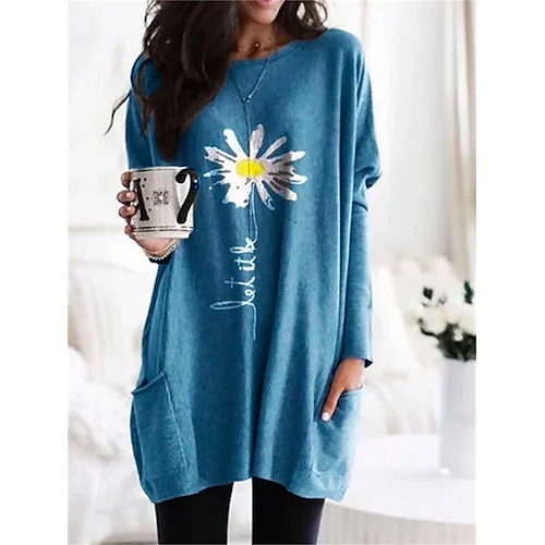 

Femme T shirt Tee Bleu Vert Gris Floral Poche Imprimer manche longue Vacances Fin de semaine du quotidien basique Col Rond Standard Fleur Peinture Automne hiver