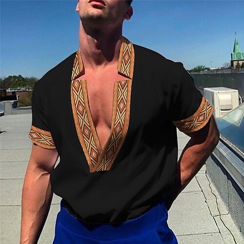 

Herren Hemd leinenhemd Stammes Vintage Geometrie V Ausschnitt Schwarz Weiß Outdoor Strasse Kurzarm Bedruckt Bekleidung Leinen Modisch Strassenmode Designer Brautkleider schlicht