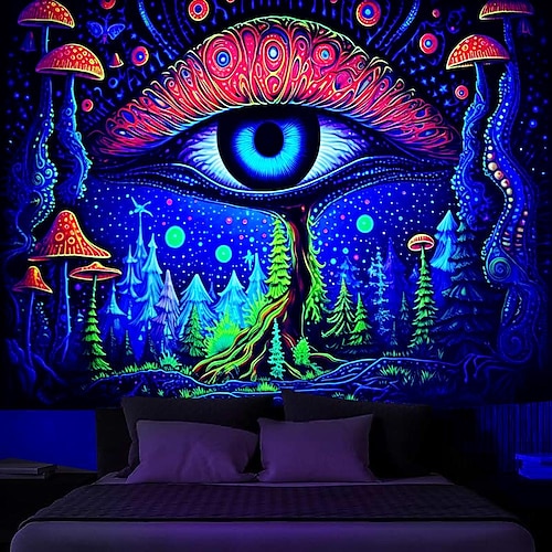 

Creepy Eye Blacklight Tapestry UV Reactive Glow in the Dark Trippy Misty Mushroom Nature Landscape Hanging Tapestry Wall Art Mural for Living Room Bedroom