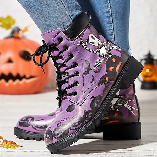 

halloween crâne chauve-souris citrouille violet bottes supérieures bottes pour femmes bottes de combat grande taille en plein air halloween hiver talon bas bout rond classique confort faux cuir à