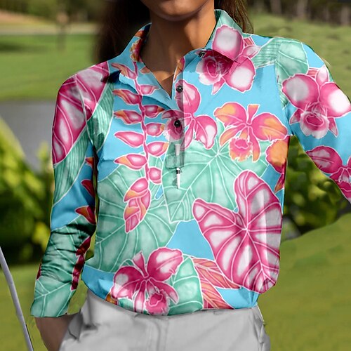 

Mulheres Camisa polo de caminhada Camisa de golfe Pólo de botões Respirável Secagem Rápida Pavio Humido Manga Longa Vestuário de golfe Roupas de golfe Normal Floral Primavera Outono Tênis Golfe