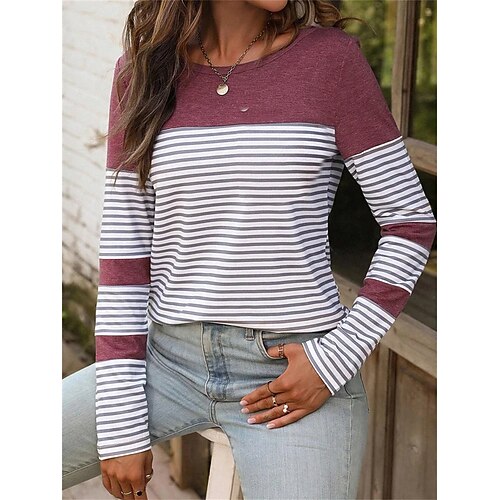 

Women's T shirt Tee Red Striped Print Long Sleeve Daily Weekend Basic Round Neck Regular Fit Painting Fall Winter