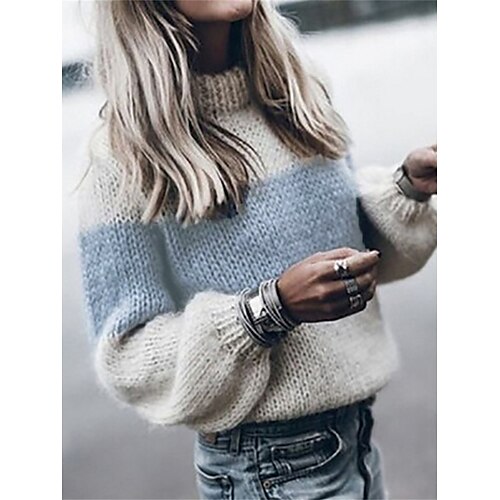 

Mujer Suéter de punto Puente Estriado Tejer Retazos Bloque de color Cuello Alto Elegante Casual Exterior Diario Otoño Invierno Negro Vino S M L
