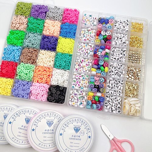 6000 PCS Clay Beads for Bracelet Making,24 Colors 6mm Flat Round Polymer  Clay Beads with Pendant Charms Kit Letter Beads and Elastic Strings for