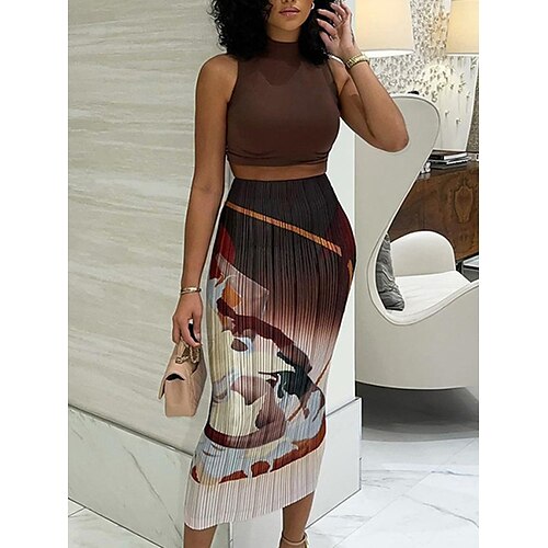 

Damen Rock Midi Polyester Braun Röcke Sommer Rüschen Bedruckt Modisch Brautkleider schlicht Strasse Täglich S M L