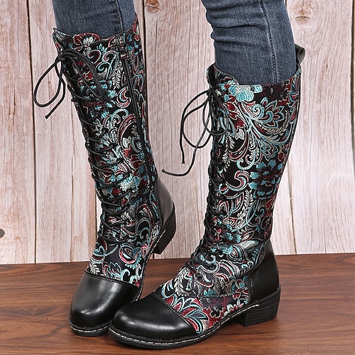 

Damen Stiefel Schnürstiefel Outdoor Täglich Flacher Absatz Blockabsatz Runde Zehe Vintage Elegant PU Reißverschluss Stickerei Schwarz Rot Blau