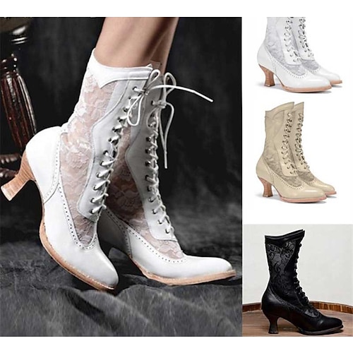 

Mulheres Botas Coturnos Tamanhos Grandes botas de casamento Casamento Festa Diário Botas da panturrilha Inverno Cadarço Salto Robusto Dedo Apontado Vintage Moda Elegante Couro Ecológico Com Cadarço