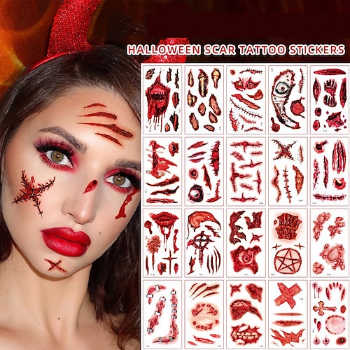 

10 Sheets 3D Fake Scars Tattoo Temporary Halloween Makeup Kit, Fake Stitches Tattoos Cut Scary Face Wound Blood Chucky Scars Tatoos For Kids Women Men Boys Girls Zombie Makeup Sticker