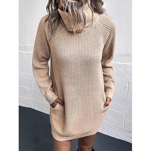 

Robe pull Maille Femme A côtes Tricoter Poche Couleur unie Col Roulé mode Décontractées Extérieur du quotidien manche longue Automne Hiver Noir Vin S M L