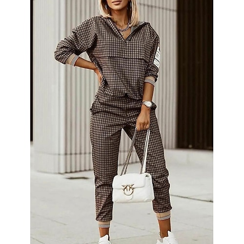 

Women's Hoodie Tracksuit Pants Sets Black Brown Plaid Print Long Sleeve Casual Daily Basic