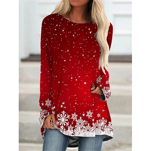 

Women's T shirt Tee Christmas Shirt Snowflake Party Daily Weekend Red Blue Purple Print Long Sleeve Daily Basic Print Round Neck Regular Fit Fall & Winter