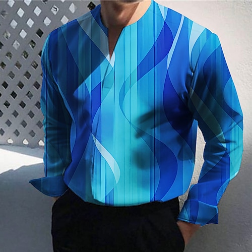 

Men's Shirt Gradient Graphic Prints Geometry V Neck Blue Fuchsia Outdoor Street Long Sleeve Print Clothing Apparel Fashion Streetwear Designer Casual