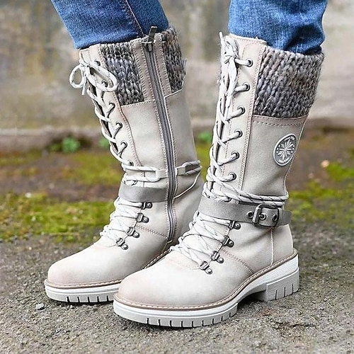 

Women's Boots Combat Boots Sweater Boots Plus Size Daily Walking Mid Calf Boots Zipper Wedge Heel Round Toe Elegant Casual Comfort Walking Faux Leather Lace-up Black White Burgundy