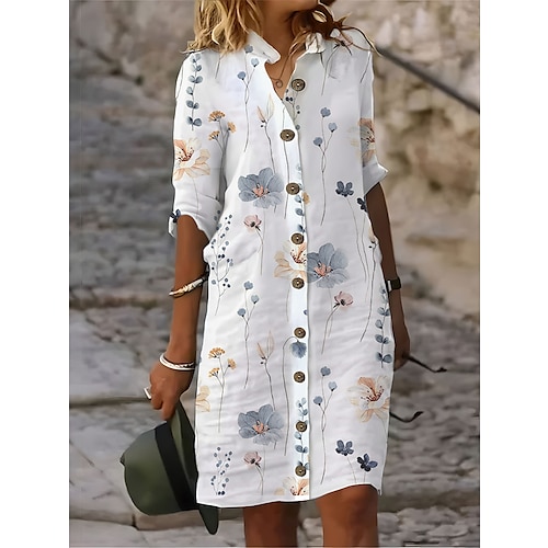 

Women's Shirt Dress Casual Dress Cotton Linen Dress Midi Dress Button Print Daily Vacation Shirt Collar 3/4 Length Sleeve Summer Spring Fall White Yellow Floral