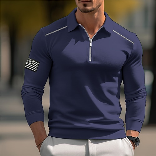 

Men's Polo Shirt Quarter Zip Polo Work Daily Wear Lapel Long Sleeve Fashion Comfortable National Flag Embroidery Zip Up Spring & Fall Regular Fit Black White Navy Blue Army Green Polo Shirt