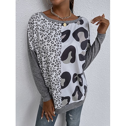 

Damen T Shirt Grau Leopard Bedruckt Langarm Täglich Wochenende Basic Rundhalsausschnitt Regular Fit Farbe