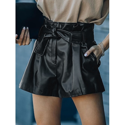 

Women's Shorts Short PU Pocket Micro-elastic Mid Waist Fashion Streetwear Party Street Black Brown S M Fall Winter