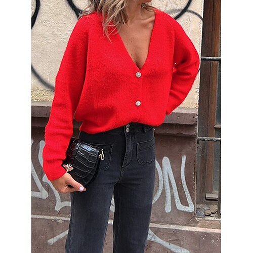 

Mulheres Sueter Cardigan Saltador Estriado Tricotar Botão Côr Sólida Decote V à moda Casual Ao ar livre Casa Outono Inverno Vermelho S M L