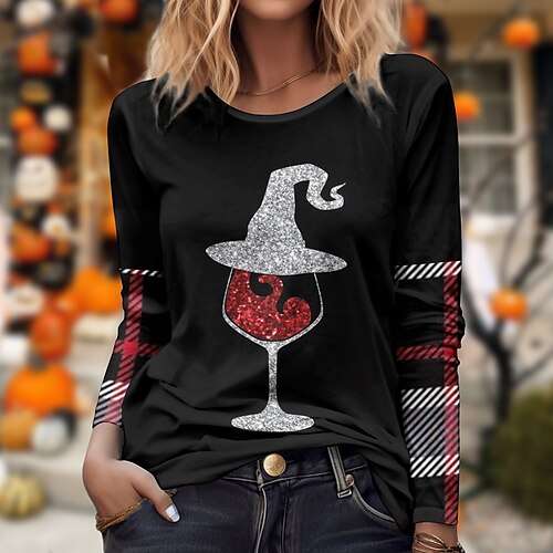 

Damen T Shirt Rote Purpur Graphic Plaid Bedruckt Langarm Täglich Wochenende Basic Rundhalsausschnitt Regular Fit Farbe