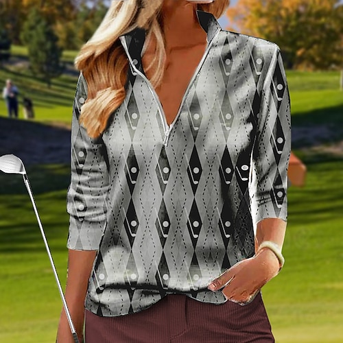 

Mulheres Camisa polo de caminhada Camisa de golfe Respirável Secagem Rápida Pavio Humido Manga Longa Vestuário de golfe Roupas de golfe Normal 1/4 Zip Colarinho Alto Xadrez Primavera Outono Tênis