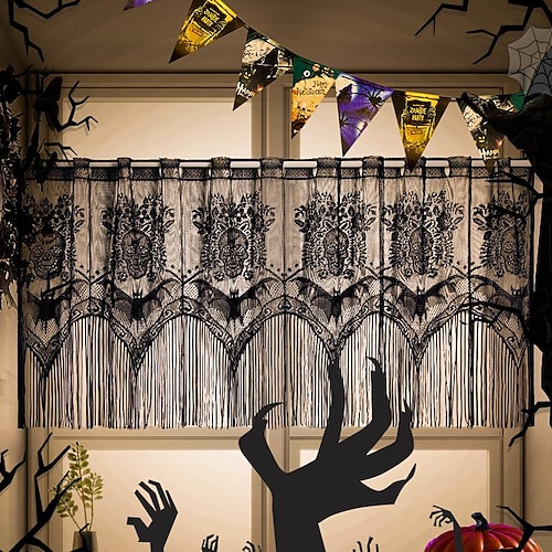 

Cortinas de decoração de halloween para cozinha de janela de porta com teia de aranha morcegos bruxa crânio cortina de janela de halloween, painel de cortina de porta de renda preta decoração para