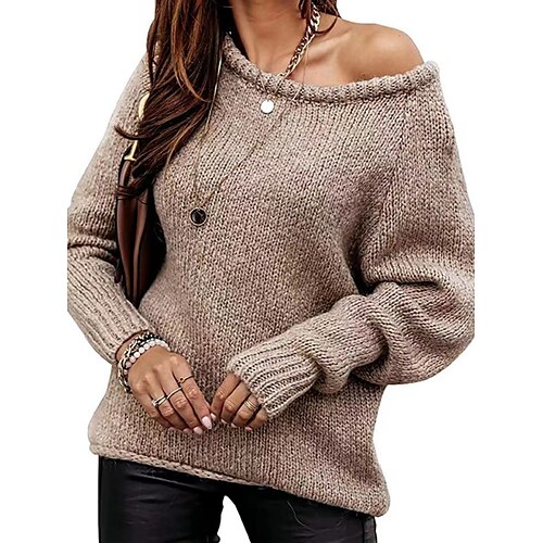 

Women's Pullover Sweater Jumper Jumper Ribbed Knit Oversized Solid Color One Shoulder Stylish Casual Outdoor Daily Fall Winter Black Pink S M L