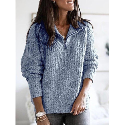 Mujer Pulóveres Pull-over Saltador Cremallera De Punto Color sólido Elegante Básico Casual Manga Larga Ajuste regular Cárdigans suéter Escote en Pico Escote Chino Otoño Invierno Primavera Azul
