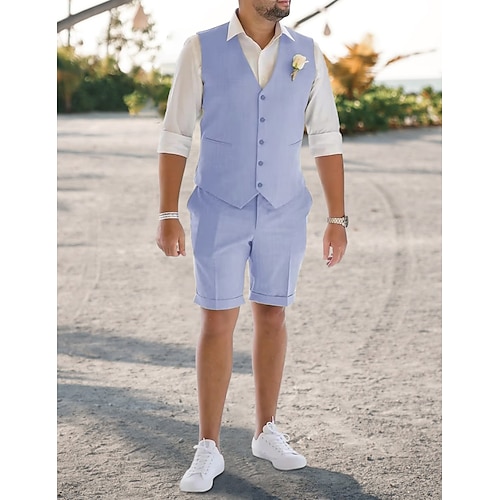 

Sky Blue Khaki Men's Linen Summer Suits Beach Wedding 2 Piece Solid Colored Tailored Fit 2023
