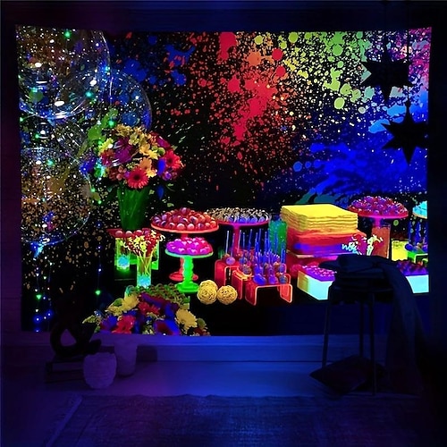 

Blacklight Tapestry UV Reactive Glow in the Dark Happy Birthday Hanging Tapestry Wall Art Mural for Living Room Bedroom