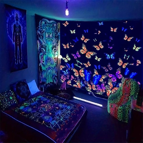 

lumière noire tapisserie uv réactive lueur dans le noir papillon trippy montagne misty champignon nature paysage suspendu tapisserie mur art mural pour salon chambre