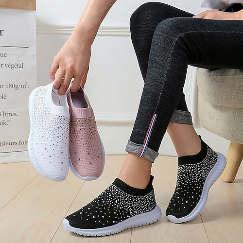 Women's Sneakers Slip-Ons Bling Bling Shoes Plus Size Flyknit Shoes Outdoor Office Work Solid Color Solid Colored Summer Crystal Flat Heel Closed Toe Casual Running Walking Knit Tissage Volant Loafer