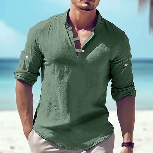 

Herren Hemd leinenhemd Popover-Shirt Sommerhemd Strandhemd Weiß Blau Braun Langarm Glatt Henley Frühling Sommer Casual Täglich Bekleidung