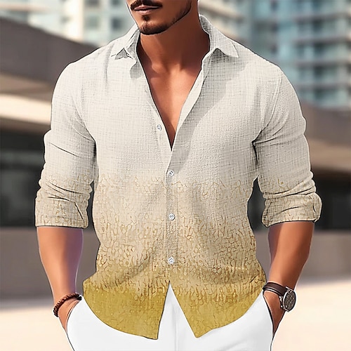 

Men's Shirt Linen Shirt Gradient Graphic Prints Turndown Yellow Blue Outdoor Street Long Sleeve Print Clothing Apparel Linen Fashion Streetwear Designer Casual