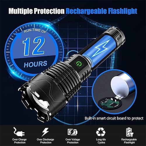 Torcia LED Ricaricabile USB – Super Luminosa, Con Power Bank, Impermeabile, Bianca O Nera