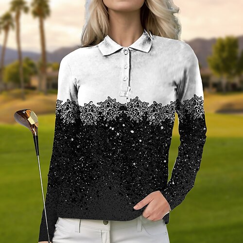 

Damen poloshirt Golfhemd Geknöpftes Poloshirt Atmungsaktiv Schnelltrocknend Feuchtigkeitsableitung Langarm Golfbekleidung Golfkleidung Regular Fit Blumen Farbblock Frühling Herbst Tennis Golfspiel