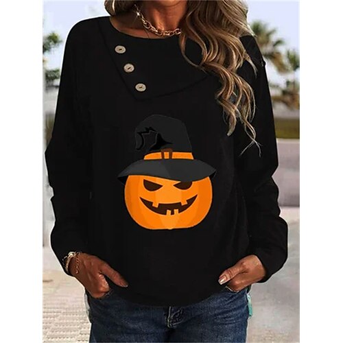 

Mujer Pull-over Sudadera de Halloween Básico Botón Negro Rojo Gris Graphic Víspera de Todos los Santos Escote Redondo Manga Larga Top Microelástico