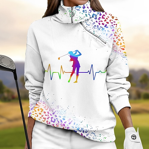 

Women's Golf Hoodie Golf Pullover Breathable Quick Dry Moisture Wicking Long Sleeve Golf Apparel Golf Clothes Regular Fit 1/4 Zip Stand Collar Leopard Printed Spring Autumn Tennis Golf Pickleball