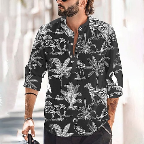 

Men's Shirt Linen Shirt Tree Tiger Stand Collar Apricot Black Blue Purple Gray Outdoor Street Long Sleeve Print Clothing Apparel Linen Fashion Streetwear Designer Casual