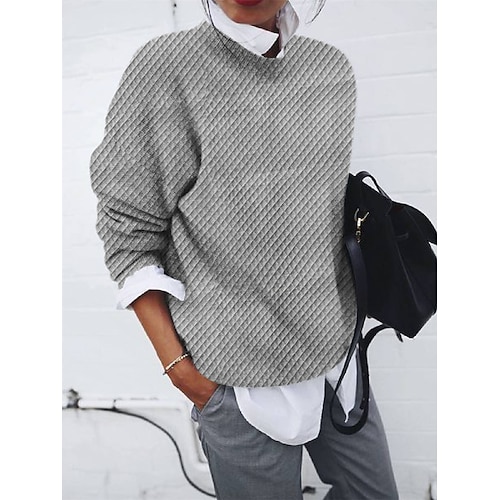 

Mulheres Pulôver suéter Saltador Waffle Tricotar Superdimensionado Côr Sólida Colarinho Chinês à moda Casual Ao ar livre Diário Outono Inverno Preto Branco S M L