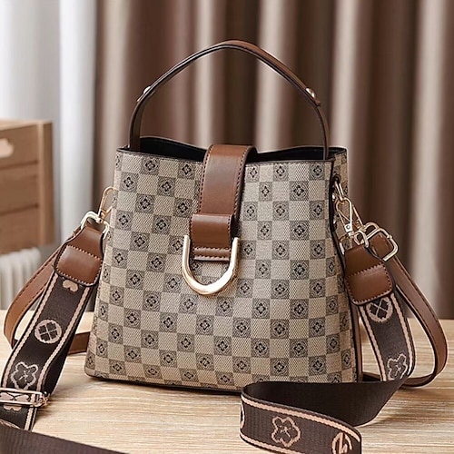 

Mulheres Bolsa crossbody Bolsa de ombro sacos de balde Couro PU Diário Feriado Botões Grande Capacidade Xadrez Cáqui Café